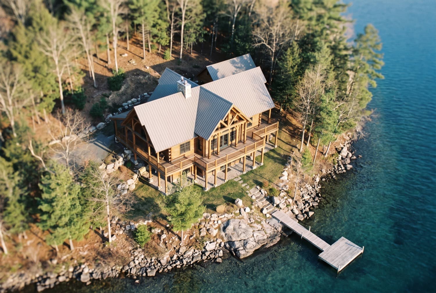 Aerial view of a lakefront home and dock